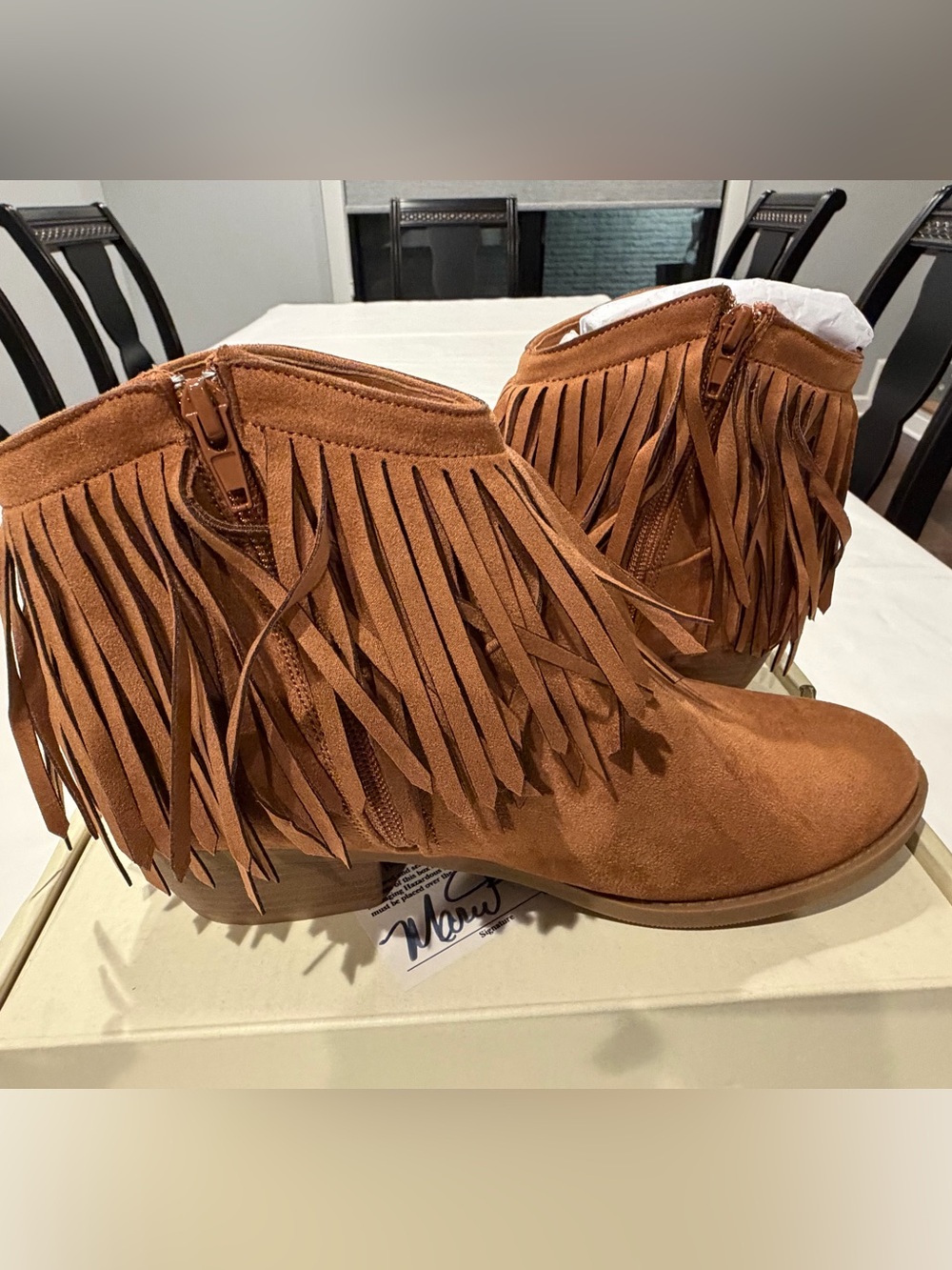 Fringe Suede Ankle Booties in Tan